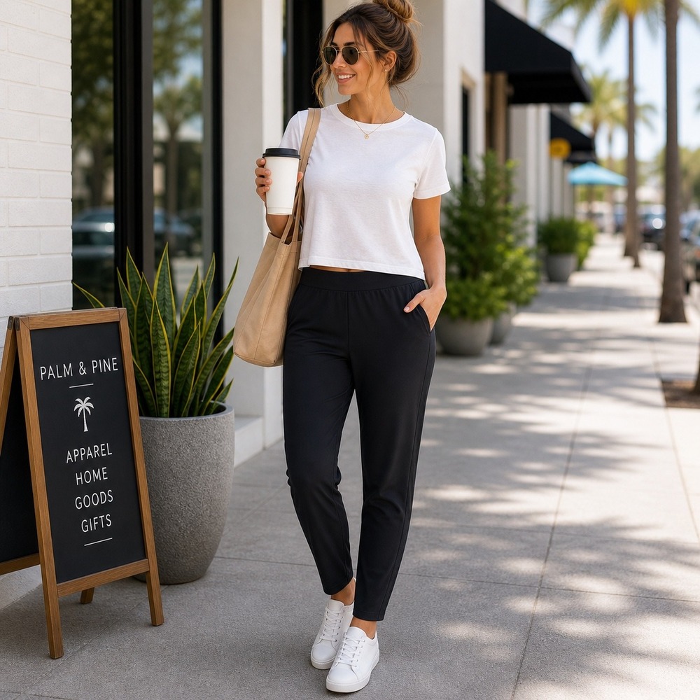 NWT Apana Womens Small Black Tapered Jogger Yoga Pants Side Stripe Athleisure